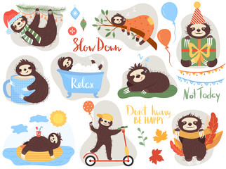 Lazy sloth, cute animal cartoon character, vector illustration. Set of isolated icons and stickers for children. Sloth sleeping, bathing, riding scooter and hanging on tree branch. Slow animal