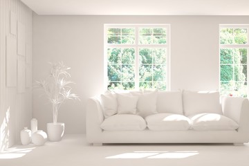 Mock up of stylish room in white color with sofa and green landscape in window. Scandinavian interior design. 3D illustration