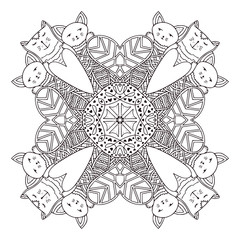 Happy cats mandala. Coloring book page.