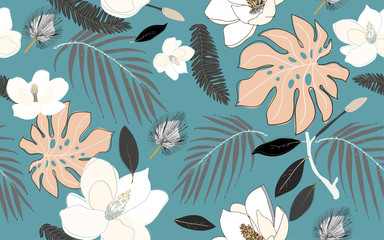 Tropical flowers and leaves of palm trees seamless pattern. Floral vector illustration.