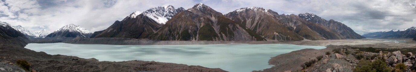Mount Cook area New Zealand. Mountains. Tasman glacier. Panorama Glacier lake