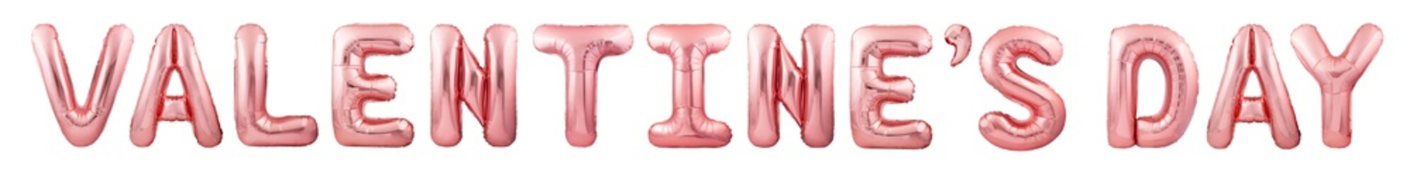 Valentine's Day words made of rose gold inflatable balloons isolated on white