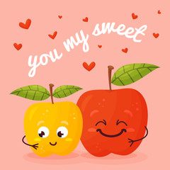 Happy couple of apples cartoon. Happy Valentine s day.