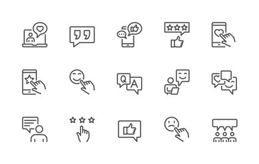 A simple set of Feedback related vector linear icons. Contains icons such as: rating, user opinion, question - answer, incoming message. 48x48 Pixel Perfect. Editable Stroke.