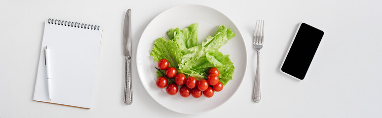 Top view of notebook, raw vegetables on plate and smartphone on white background, panoramic shot