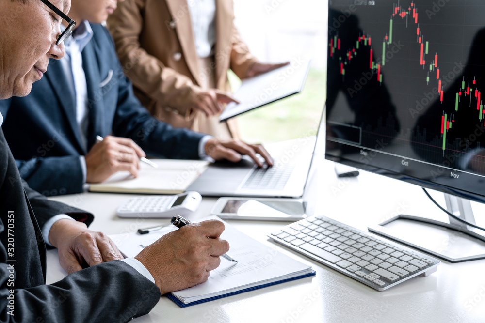 Poster business team investment working with computer, planning and analyzing graph stock market trading wi