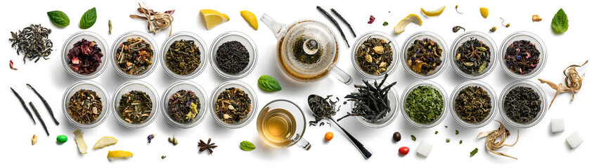 Large assortment of tea on a white background. The view from the top