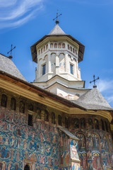 Fototapeta na wymiar Details of Moldovita Ortohodox monastery church in Vatra Moldovitei, Romania