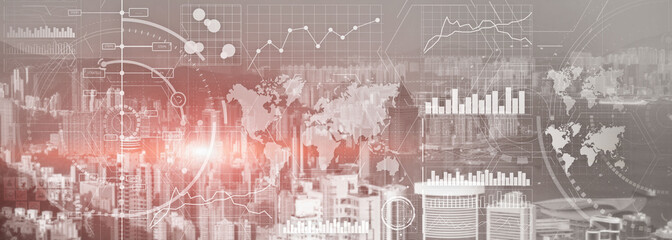 Business intelligence control interface marketing finance management city skyline view website panoramic heade banner.