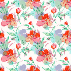 Acrylic Flowers Seamless Pattern. Hand Painted Illustration. Floral Background.