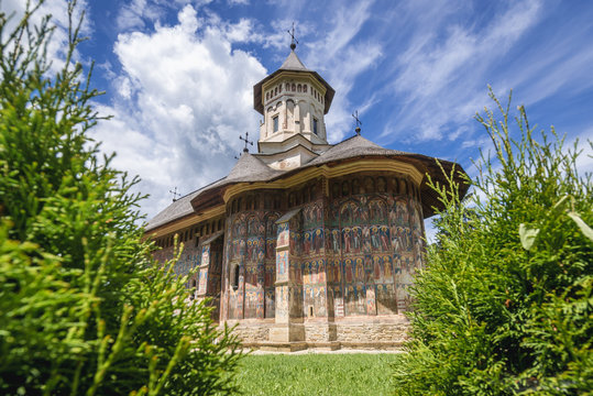 Exterior of church of Moldovita Ortohodox monastery in Vatra Moldovitei, Romania