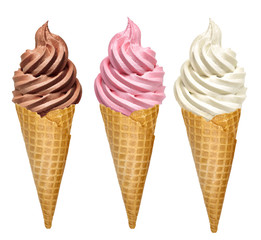Strawberry, vanilla and chocolate whip soft ice creams or frozen custard in cone isolated on white...