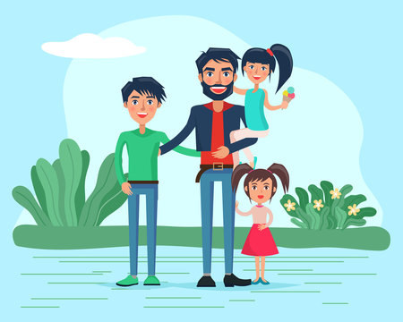 Big family stand in park or forest, summer holiday vacation. Father hold baby in hands. Parent and kids posing together. Dad, two daughters and son walking in lawn. Vector illustration in flat style