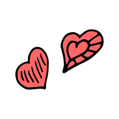 Hand drawn colorful two red hearts isolated on a white background. Doodle, simple outline illustration. It can be used for decoration of textile, paper and other surfaces.