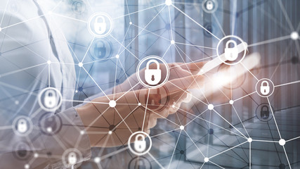 Cyber security, information privacy, data protection concept on modern server room background. Internet and digital technology concept.