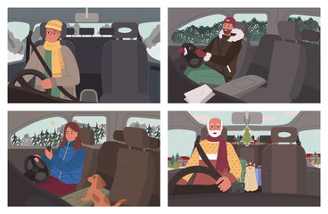 Collection of people traveling by car in winter holidays season. Old man on trip with cat, female character with dog using navigation on smartphone. Bearded male on journey alone, travelers vector
