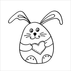 Pretty Easter Bunny with a heart in his paws. Vector illustration in Doodle style. Isolated object on a white background. Design element for children's books-dyes, textiles, posters.