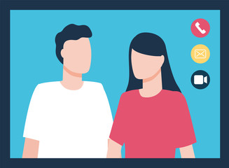 Obraz premium Video call or conference with couple. Man and woman on screen talking. Online communication via internet. Business meeting on distance. Male and female characters, button of phone icon, vector