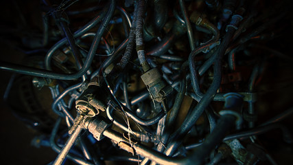 aircraft equipment details in a heap, blurred background