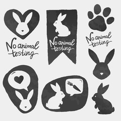 Against animal testing stickers. Cruelty free vector labels. Animal rights design. No animal testing bunny in heart shape. - 320775997