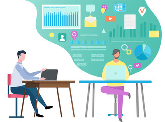 Men workers using laptop, people discussing work. Message and graph, location and diagram icons on blue, employees on workplace with computer vector