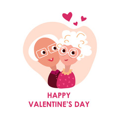 Happy St Valentine Day Celebration.14th February.Loving Old Pensioner Man and Elderly Woman Couple Hug each other. Falling in Love