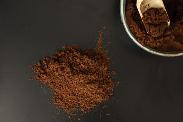 instant ground coffee and bowl. coffee background