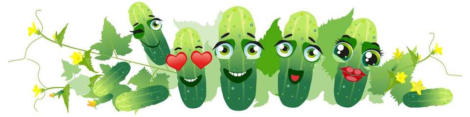 Cucumber border. Cute cartoon emoji green vegetables