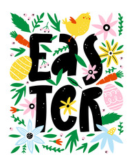 Happy Easter greeting card with flowers, eggs, bird, elements composition. 