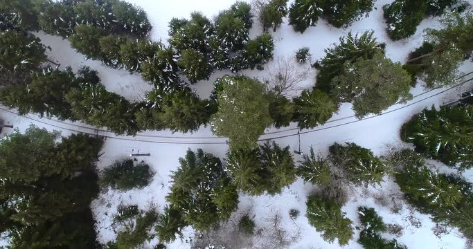 Railway truck in spruce forest at winter, no train detected, aerial view from top