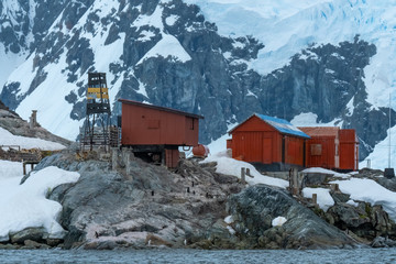 Brown Station, Paradise Harbor, also known as Paradise Bay, behind Lemaire and Bryde Islands in Antarctica.