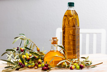 Olive oil in decanters and bottles