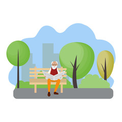 Obraz na płótnie Canvas Vector illustration of an elderly man sitting alone in a park on a bench outside the city and reading a newspaper. Grandfather with glasses with gray hair. Active pensioners on vacation outdoors