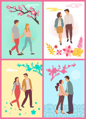 Couples enjoying fair weather of spring vector, man and woman holding hands, people in love walking under cherry blossom trees and sakuras branches