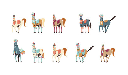 Horses with costumes set vector design