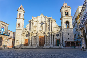 Facade of Cathedral of Havana in the early morning without tourists, Cuba