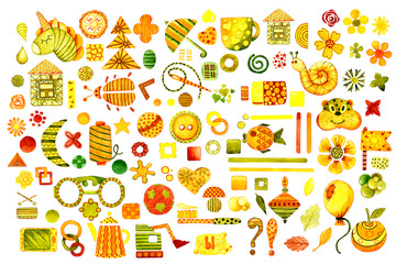 Big set of simple cartoon elements, shapes, animals, plants. Hand watercolor illustration isolated on white background. Design for children and school products, banner, print, cover, wall, wallpaper.