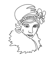 1920s girl portrait, head, face. Vector portrait sketch  with hat and fur. One continuous line drawing. Womam from 20s simple vector illustration.