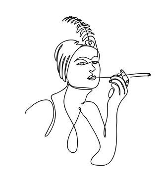 recommend clip art: Flapper girl from 20s black and white vector illustration. The woman with cigarette holder and feather on her head.  One continuous line drawing of flapper girl portrait.