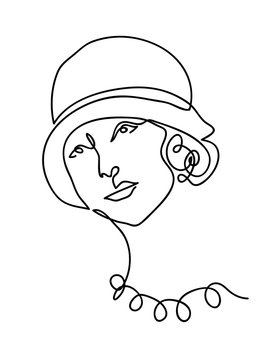 recommend clip art: Art deco, vintage, retro portrait, head, face in hat.  Vector minimalist one continuous line drawing. Simple art deco vector illustration, portrait.