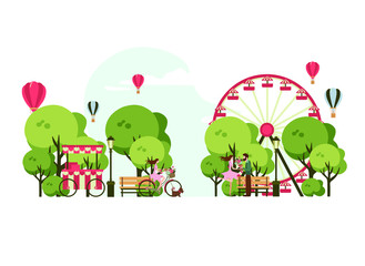 amusement park, scenery with ferris wheel, circus tent, ice cream shop, trees and benches. vector illustration of park