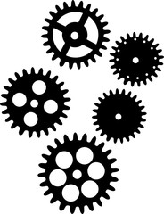five black gears set isolated on white