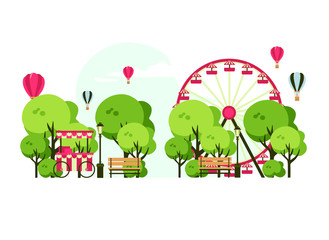 amusement park, scenery with ferris wheel, circus tent, ice cream shop, trees and benches. vector illustration of park