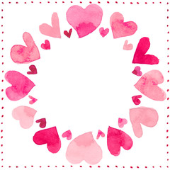 Watercolor illustration of pink hearts love set for February Valentine's day in shape of a frame for invitation card.