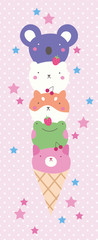 cute kawaii postcard with ice cream pets