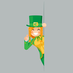 Female leprechaun gnome pointing finger up looking out corner saint patrick celebration clover flat design vector illustration