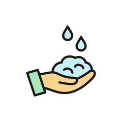 Washing hand with soap, hygiene flat color line icon.