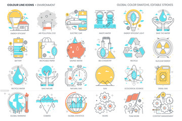 Environment, pollution related, color line, vector icon, illustration set