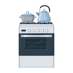 Gas stove with pan and kittle. Home kitchen food cooking vector illustration.