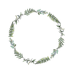 Green round frame from fern, eucalyptus branches, leaves on white background. Copy space. Hand drawn. For eco design, wedding invitation, greeting card, sales. Vector stock illustration.